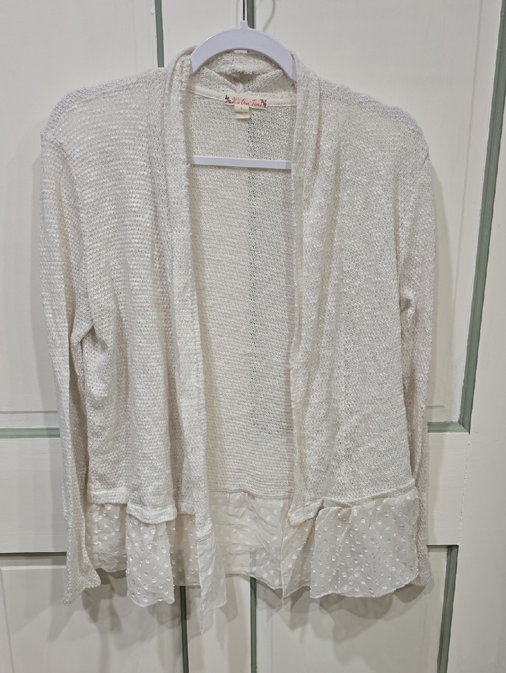 It's Our Time Cream Open-Front Knit Cardigan with Dotted Chiffon Hem